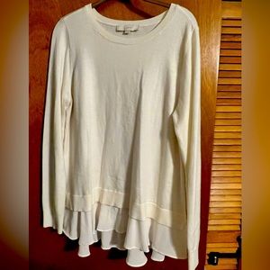 Loft- soft knit, weight sweater with sheer untucked layered look on bottom